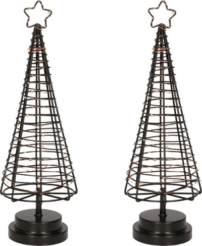Verlichte figuren zwarte 3D lichtboompje/metalen boom/kerstboompje met 60 led lichtjes 36 cm - Set van 2x stuks - Kerstversiering/kerstdecoratie