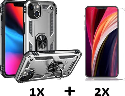 HB Hoesje Geschikt voor Apple iPhone 13 - Grijs / 2X Glazen Screenprotector - Anti-Shock Hybrid Armor Back Cover - Hoes met Kickstand Ring