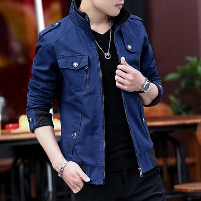 Herenjas Lente Nieuw Koreaanse Stijl Herenjas Katoen Heren Opstaande Kraag Werkkleding Jas Jeugd Heren Casual Kleding 5XL blue