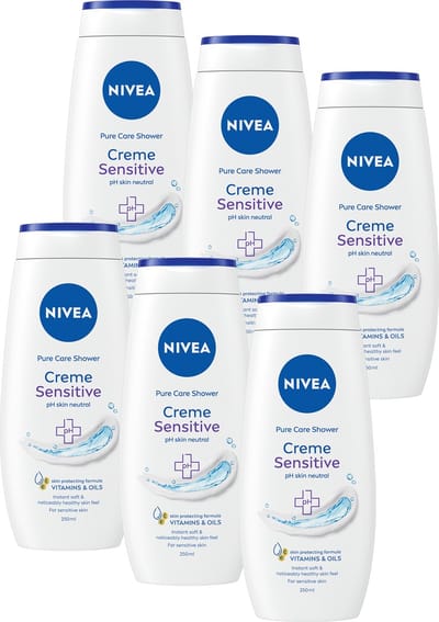 NIVEA Crème Sensitive Douchecrème – Zeepvrij – Met vitamine C en E - Bevat 3 heilzame oliën - 6 x 250 ml - Voordeelverpakking
