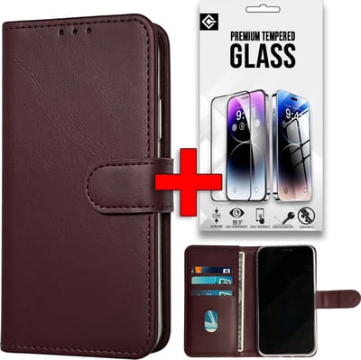 Casemania Hoesje Geschikt voor Samsung Galaxy A55 - Bordeaux + Tempered Glazen Screenprotector - Portemonnee Book Case