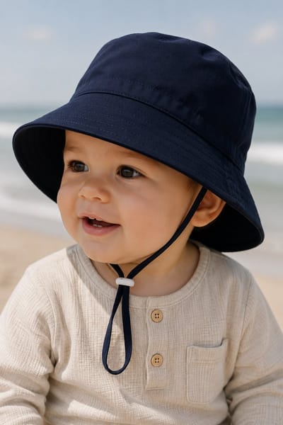 Marineblauw Zonnehoedje Baby Jongens Meisjes – UV Bucket Hat met Koord – Navy Babyhoedje – Labelmaat 50, Valt als 48 (6-18 Maanden)