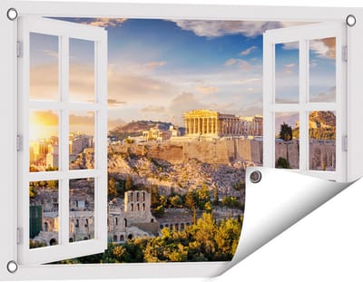 Gards Tuinposter Doorkijk Akropolis van Athene, Griekenland - Architectuur - 60x40 cm - Tuindoek - Tuindecoratie - Wanddecoratie buiten - Tuinschilderij