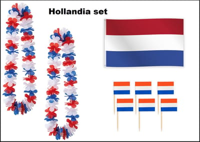Hollandia party set : 24x Hawaislinger rood/wit/blauw + 1x Nederland vlag 90cmx 150cm + 100 cocktail vlagprikkers - Koningsdag wk Nederland rood/wit/blauw Themafeest