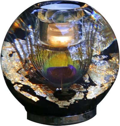 Prachtige theelichthouder met LED-verlichting - pauwenveer met gouden sparkels