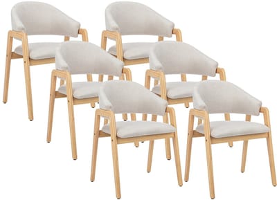 Vente-unique Set van 6 stoelen met stoffen en rubberhouten armleuningen - Beige en naturel - SOLUNA