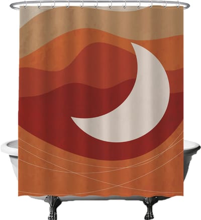 Ulticool Douchegordijn - Maan Aesthetic Zonsondergang Kunst - 180 x 200 cm - met 12 ringen - Anti Schimmel - Waterdicht & Wasbaar - Semi Transparant - Rood Oranje