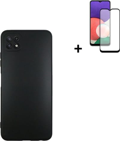 Hoesje Geschikt voor Samusung Galaxy A22 5G - Full Screenprotector A22 5G - Siliconen - Samsung A22 5G Hoes Zwart Case + Full Tempered Glass