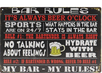 Wandbord – Bar Rules - Regels - Retro - Wanddecoratie – Reclame bord – Restaurant – Kroeg - Bar – Cafe - Horeca – Metal Sign – 20x30cm