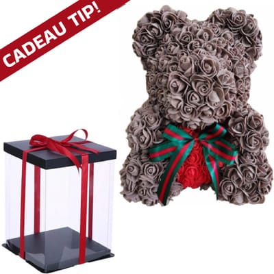 Luxe Bruine Rozenbeer met Rood Hart en Strik + Luxe Gift Box 40 cm