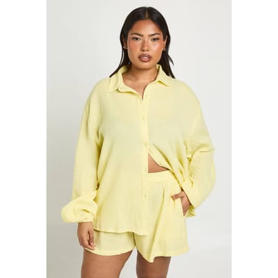 boohoo Dames Plus Katoenen Gaas Strandshort | Citroen | Maat: 44