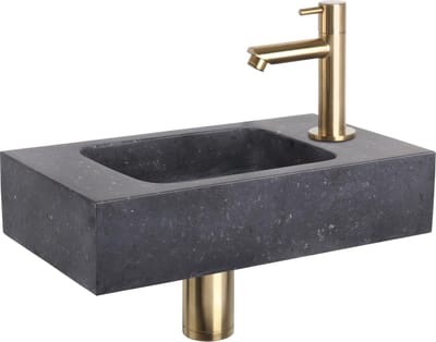 Differnz Fonteinset Bombai Black - Wasbakje van Natuursteen met Rechte Kraan Mat Goud - Inclusief Afvoerplug en Sifon - Hangend Model - 40 x 22 x 9 cm - Kleur Antraciet