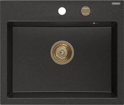 Mexen Oscar granieten spoelbak 1-kompartiment 580 x 490 , zwart/goud metallic, gouden sifon - 6519581000-75-G