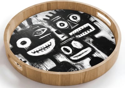 Dienblad rond 40x40 cm - Schootdienblad hout - Schilderij - Figuren - Zwart - Abstract - Borrelplank rechthoek - Plateau houten dienbladen