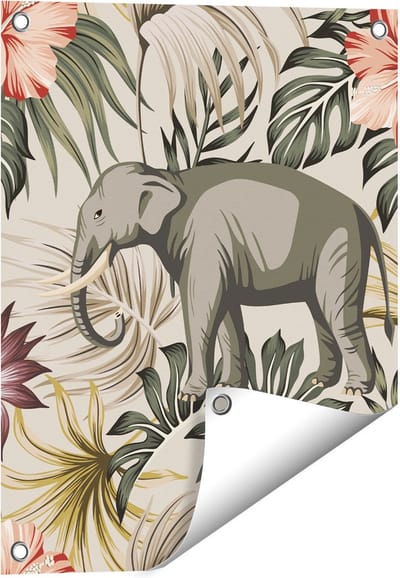 Gards Tuinposter Tropisch Getekende Olifant - Abstract - 40x50 cm - Tuindoek - Tuindecoratie - Wanddecoratie buiten - Tuinschilderij