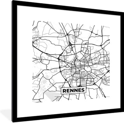 Fotolijst incl. Poster Zwart Wit- Kaart - Stadskaart - Rennes - Frankrijk - Plattegrond - Zwart wit - 40x40 cm - Posterlijst