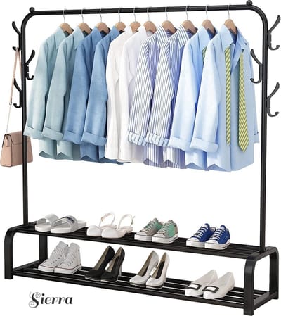 Sierra Industrieel Kledingrek Enkele Stang - Metaal - 110x33x155 CM - Zwart - Opbergruimte Voor Schoenen - Garderoberek Met Haken