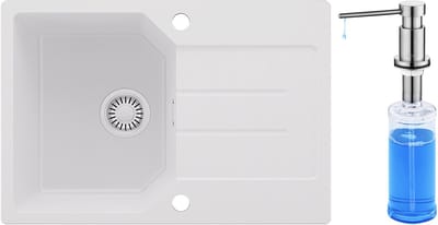 Anycee MAX Granieten Spoelbak 65x45CM - Spoelbakken Keuken Wit - Wasbak Keuken Met Zeepdispenser 300ML - Spoelbak Met Planchet en Afdruiprek - Spoelbakken Incl. Sifon en Afvoerzeefje