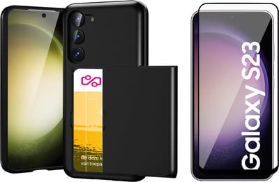 Hoesje geschikt voor Samsung Galaxy S23 met Pasjeshouder - Screen Protector FullGuard - Back Cover SlideCase Zwart & Screenprotector