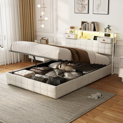 Gestoffeerd bed 140x200cm met oplaadstation en ledverlichting, tweepersoonsbed met opbergruimte in het hoofdeinde en lattenbodem, fluweel, beige, zonder matras