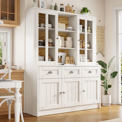 MEUNIQ Buffetkast 140 x 38,5 x 175 cm met lades, verstelbare planken en transparante acryl deuren, hoge opbergkast voor keuken, eetkamer of woonkamer, wit