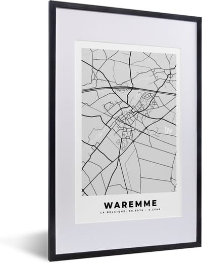 Fotolijst incl. Poster Zwart Wit- Stadskaart – Zwart Wit - Kaart – Waremme – België – Plattegrond - 40x60 cm - Posterlijst