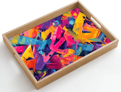 Dienblad hout 50x35 cm - Schootdienblad - Abstract - Vormen - Kleurrijk - Borrelplank rechthoek - Plateau dienbladen