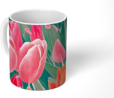 Mok - Koffiemok - Tulpen - Bloemen - Roze - Rood - Kunst - Mokken - 350 ML - Beker - Koffiemokken - Theemok