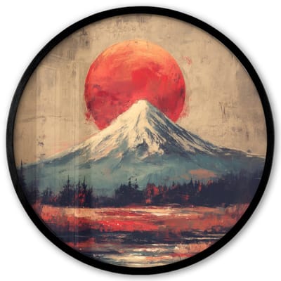 Poster in lijst Rond - Fotolijst 40x40 cm - Posters - Bergtop - Sneeuw - Zon - Ronde posterlijst zwart - Decoratie - Wanddecoratie woonkamer - Muurdecoratie slaapkamer