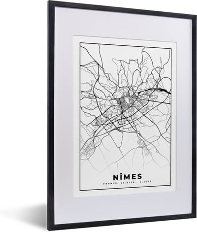 Fotolijst incl. Poster Zwart Wit- Plattegrond - Nîmes - Kaart - Frankrijk - Stadskaart - Zwart wit - 30x40 cm - Posterlijst