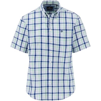 Fynch-Hatton Overhemd Seersucker Combi Check Short Sleeve Button-Down Turf Green-Blue / male