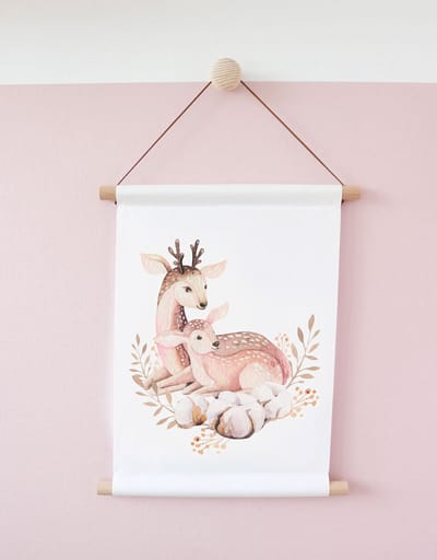 Textiel poster aquarel hertjes-Kinderkamer-Poster A4 formaat-Wanddecoratie-bosdieren- Kinderkameraccessoires