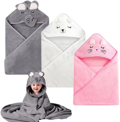 Dailygoods- Babybadcape 80 x 80 cm - Babyhanddoek met Capuchon - Super Absorberend - Koraalpluche - Set van 3 - Zachte Bescherming