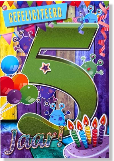 Hoera 5 Jaar! Luxe verjaardagskaart - 12x17cm - Gevouwen Wenskaart inclusief envelop - Leeftijdkaart