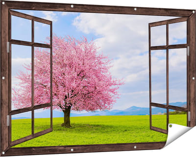 Gards Tuinposter Doorkijk Roze Sakura Bloesem Boom in het Groene Veld - 150x100 cm - Tuindoek - Tuindecoratie - Wanddecoratie buiten - Tuinschilderij