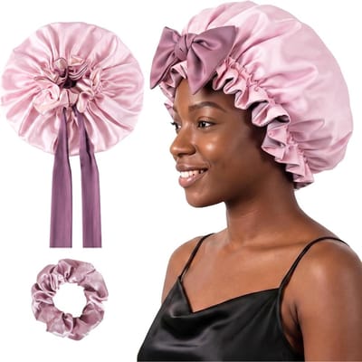 Bonnet en Satin Double Couche Impression Casquette de Nuit pour le Sommeil Foulard Casquette de Douche en Satin Bande à Nouer Sangles Réglables Foulard pour Cheveux Bouclés