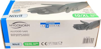 Hygonorm Nitril Handschoenen Maat XL – Zwart – 250 Stuks – Poedervrij – Allfood Safe – Wegwerphandschoenen voor Voedselverwerking en Hygiëne