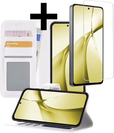 Hoesje - Met Screenprotector - Geschikt voor OnePlus Nord CE4 - Luxe Pasjeshouder - Bookcase Portemonee - Flip Case - Kunstleer Book Case - Flipcase - Book Cover - Walletcase - Portemonneehoes - Telefoonhoesjes - Wit