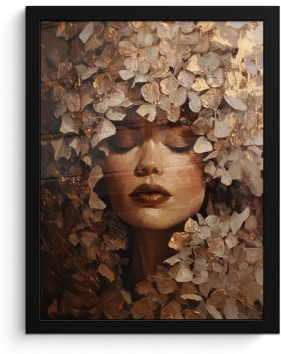 Poster in lijst - Fotolijst 30x40 cm - Posters - Gezicht - Vrouwe - Bladeren - Penseelstreken - Posterlijst zwart - Decoratie - Wanddecoratie woonkamer - Muurdecoratie slaapkamer