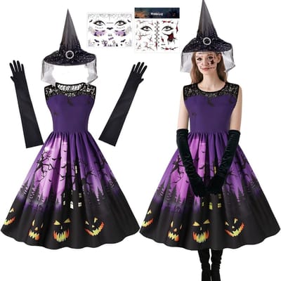 Vrouwelijk Halloween Kostuum Set met Hoed, Handschoenen, Jurk en Gezichtsstickers voor Carnaval en Cosplay Feesten