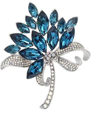 Bloem Broche Zilver Met Blauw Kristal