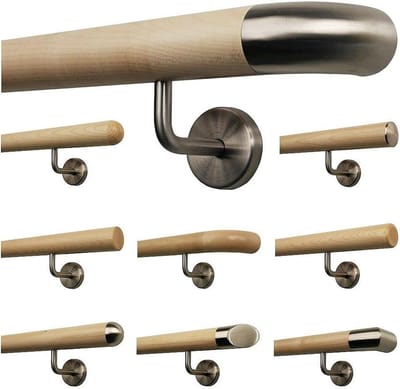 Houten trapleuning - Handgreep trap - Veilig traplopen - Gebogen roestvrij staal - 120 cm - Houtkleurig