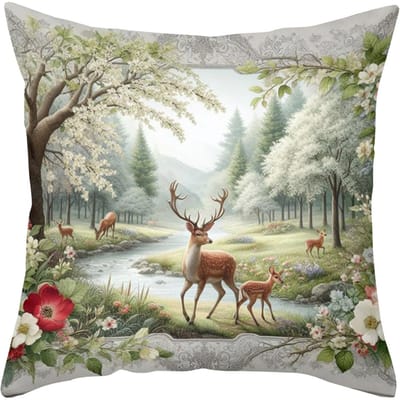 Hert en Bos Scènes Bloemen Decoratieve Kussenslopen Polyester kussensloop, bank decoratieve kussensloop Hoofdbord Kussen 45x45cm
