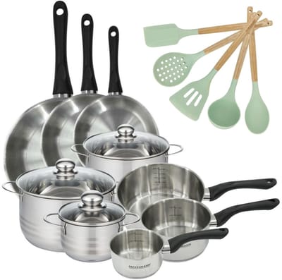 Set van 3 Pannen 20/24/28 cm, 3 Braadpannen 16/20/24 cm & 3 Steelpannen 12/16/20 cm Fackelmann Geneva en 5 keukengerei