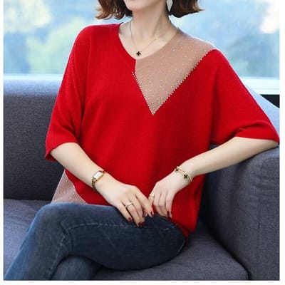 Dames Kortmouwig Grote Maten V-hals Honderden Tops Losse Mode IJszijde Vleermuismouw T-shirt 5XL rood