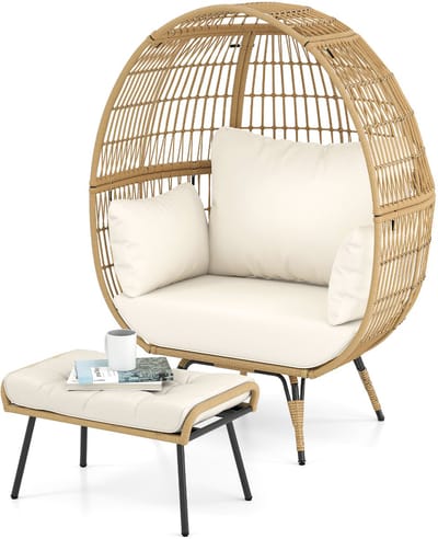 COSTWAY Rieten stoel rotan met kruk, oversized tuinstoel met kussen en metalen frame, rotan stoel XXL, loungestoel voor balkon, tuin, woonkamer, terras