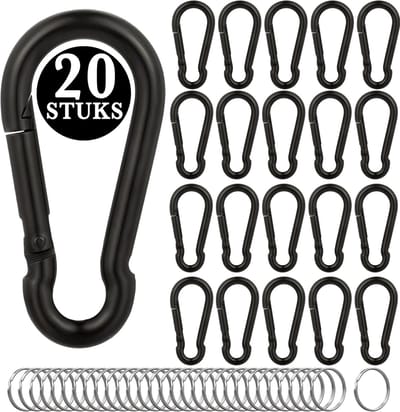 20 Stuks Ijzer 50mm Zwarte Karabijnhaken Set met 20 Sleutelringen - Musketonhaak Sleutelhangers voor Volwassenen - Multifuntioneel Carabiners - Karabijn haak Keychain - Karabijnsluitingen en ringetjes - DIY Hobby Musketon Sluiting - Karabiners