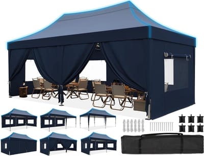 Vouwpaviljoen - Partytent Tuinpaviljoen - Buitenfeesten Organiseren - Schuin Dak Waterafvoer - 3 x 6 meter - Blauw