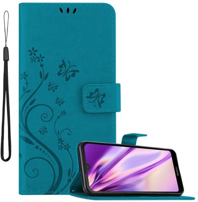 Cadorabo Hoesje geschikt voor Huawei Y6 PRO 2019 in BLOEMEN BLAUW - Beschermhoes in bloemmotief met magnetische sluiting, standfunctie en kaartsleuven Book Case Cover Etui