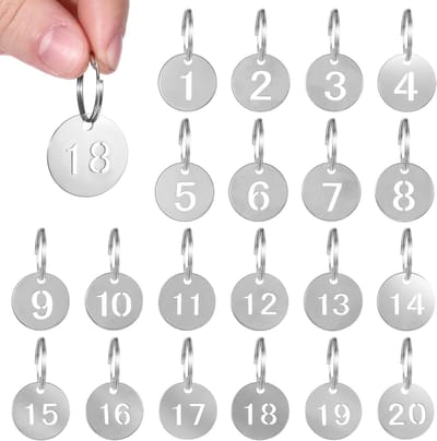 Set van 20 roestvrijstalen genummerde sleutelhangers | Ronde metalen ID-labels met gaatjes | Geschikt voor studentenkamers, kluisjes en chequehoesjes